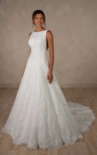 Essense of Australia Jolee #0 default (IVIV-PL) IVORY LACE OVER IVORY GOWN W PORCELAIN TULLE PLUNGE thumbnail