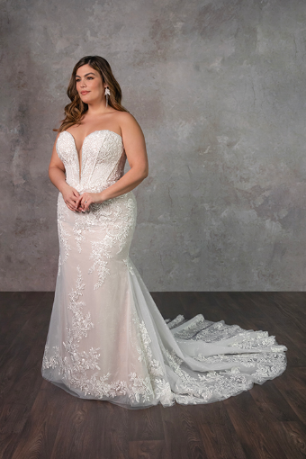 Essense of Australia Bernadette #3 (IVRM-PL) Ivory Lace and Tulle over Rum Gown w Porcelain Tulle Plunge thumbnail
