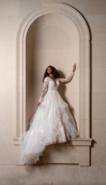 Essense of Australia Cassidy- Long Sleeve #8 (IVBC-PL) IVORY LACE & TULLE OVER BISCOTTI GWN W PORCELAIN TULLE PLUNGE thumbnail