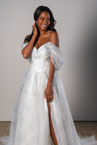 Stella York Ally #2 default (FB-IV) FRENCH BLUE FLORAL PRINTED ORGANZA OVER IVORY GOWN thumbnail